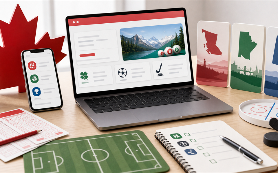PlayNow Canada dashboard with lottery and sports motifs
